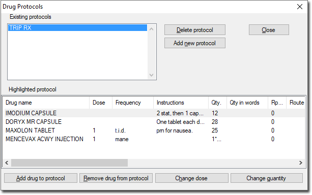 Drug Protocols window