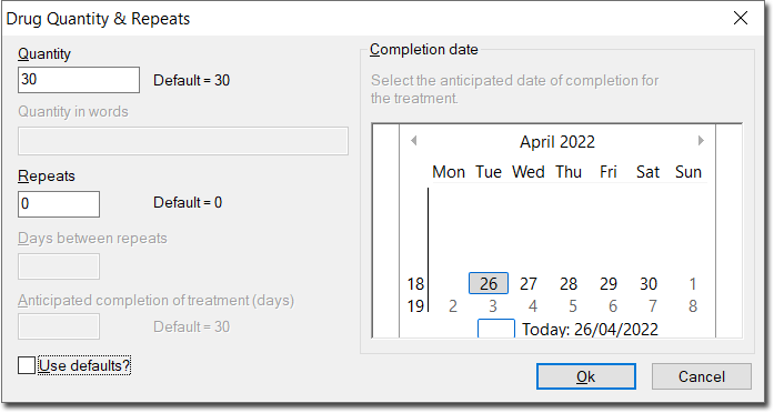 Drug Quantity and Repeats window