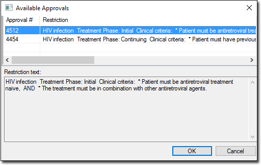 Example Available Approvals window showing multiple approval numbers for a medication