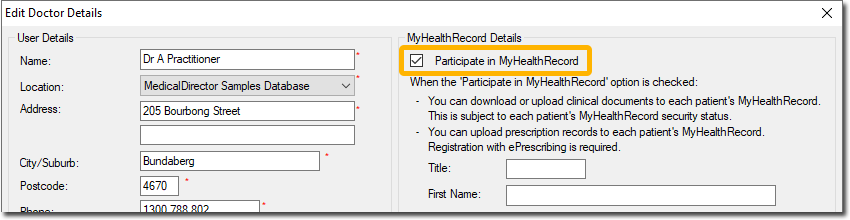 Edit Doctor Details window with Participate in My Health Record tickbox highlighted
