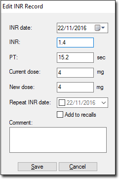 Edit INR record window