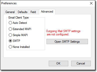 Open SMTP settings option - example