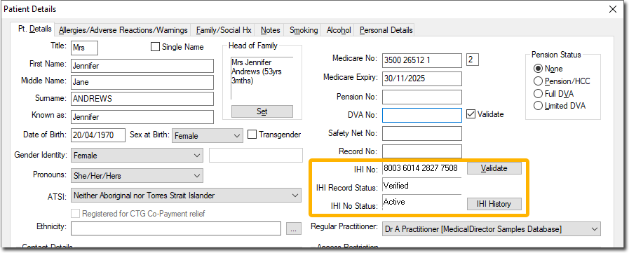 Patient Details window with IHI fields highlighted