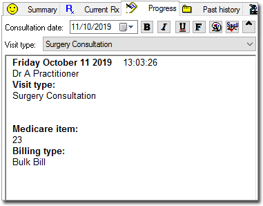 Progress tab showing a Medicare item with the billing type Bulk Bill