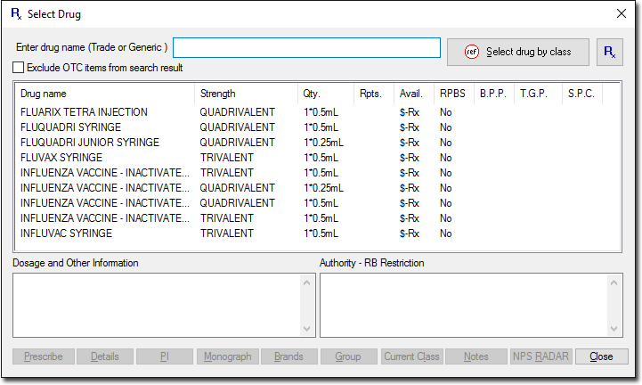 Example Select Drug window, showing list of influenza vaccines