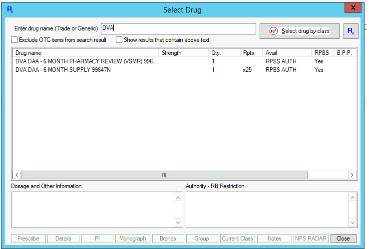 Select Drug window listing DAA and VSMR for selection