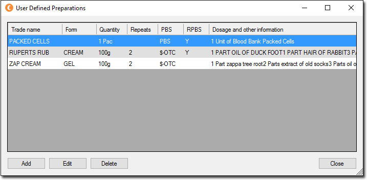 User Defined Preparations window