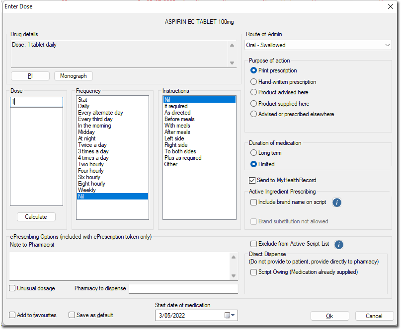 Example Enter Dose window