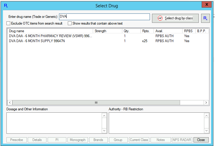 Select Drug window listng DAA and VSMR for selection