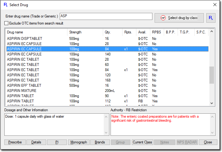 Example Select Drug window